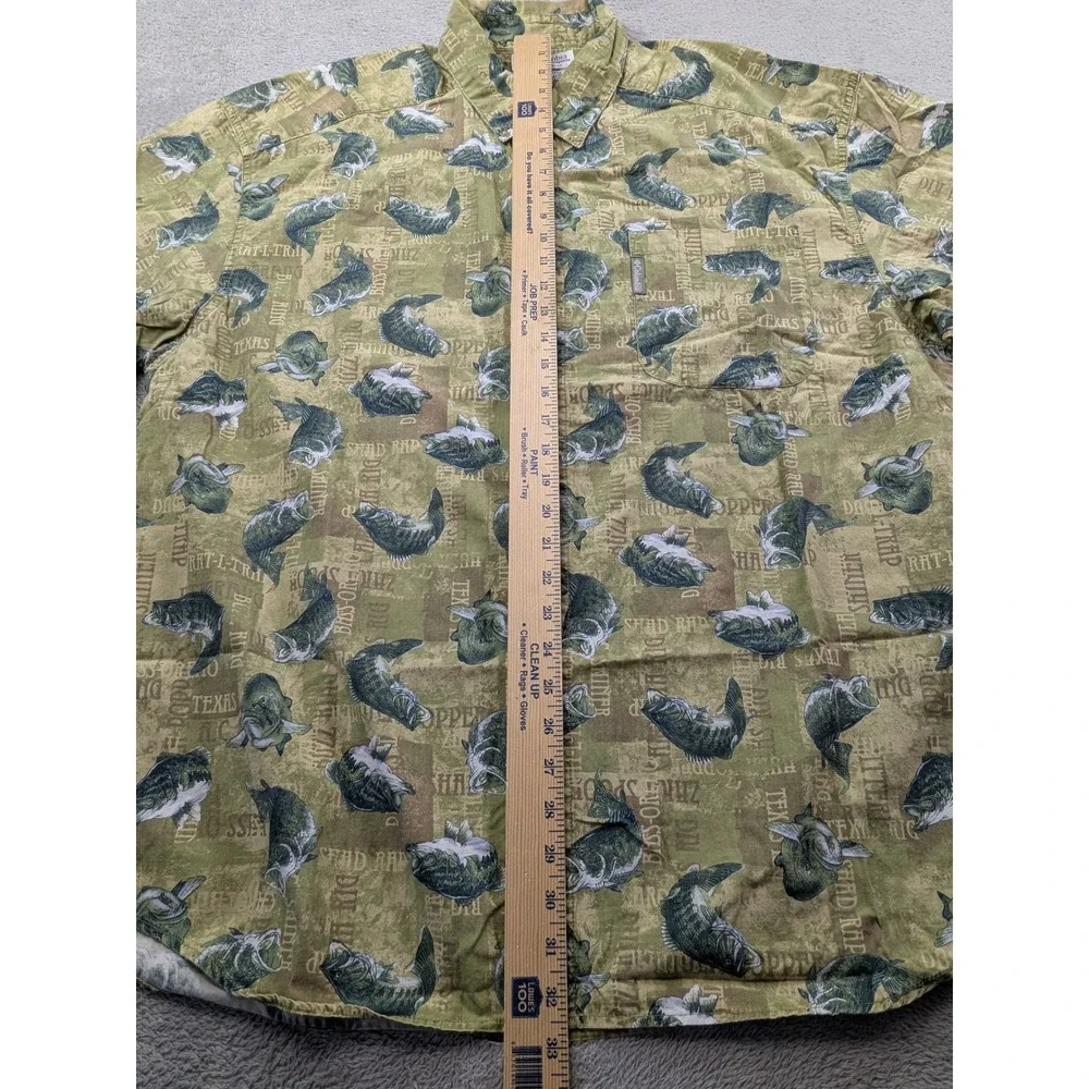 Columbia Mens XL Bass Fishing Graphic Print Short Sleeve Button Down Shirt Green - Picture 6 of 10